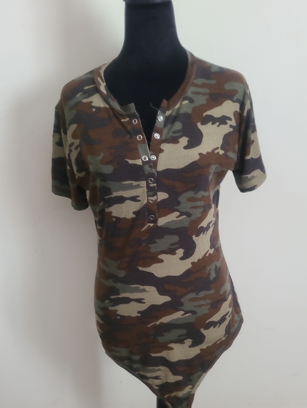 Rue21 Camo Short-Sleeve Henley Bodysuit - Green/Brown/Black
